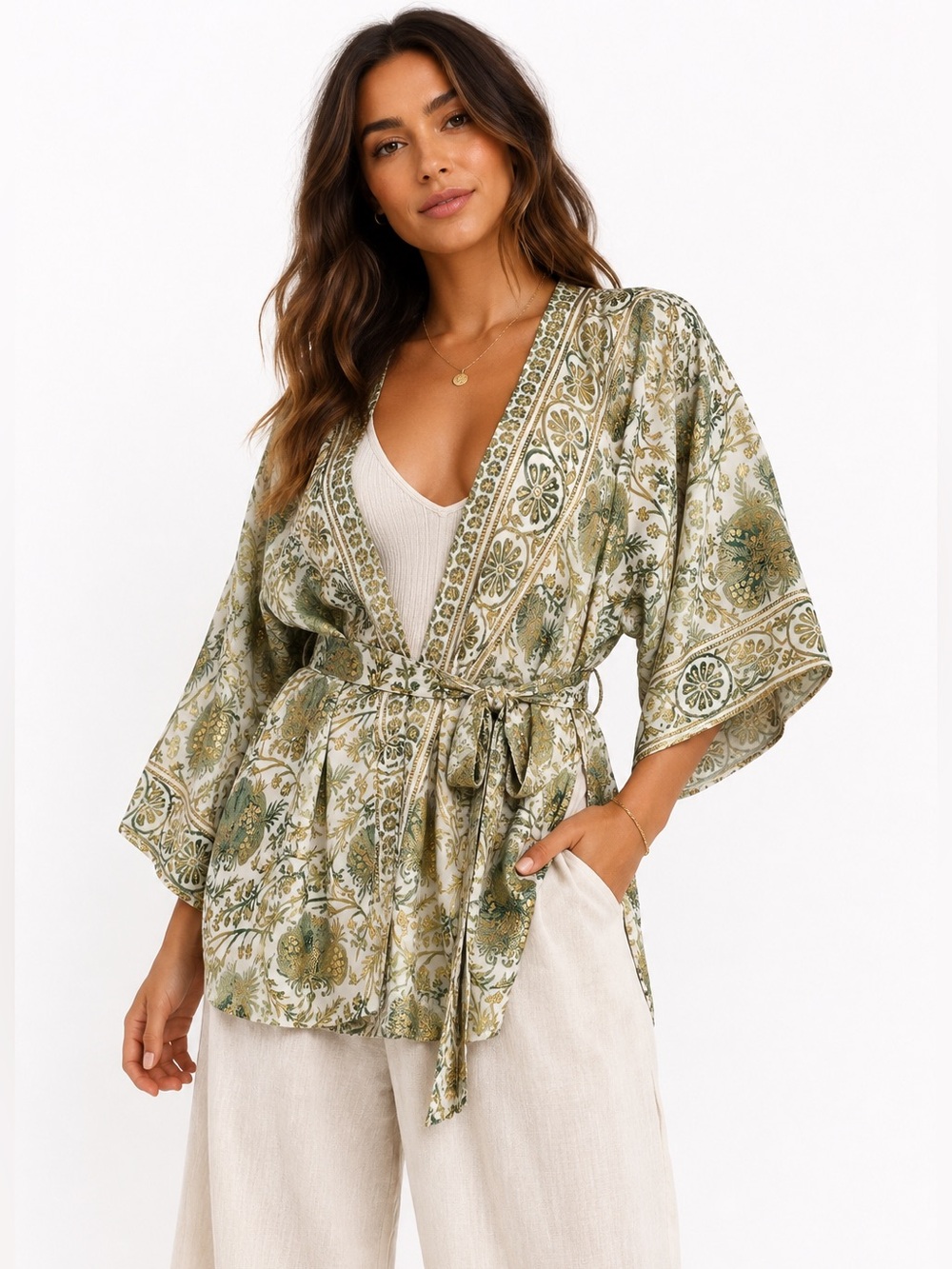 KARMA‎ NEPAL Silk Blend Short Kimono Wrap Jacket Festival Green Gold Foil Print